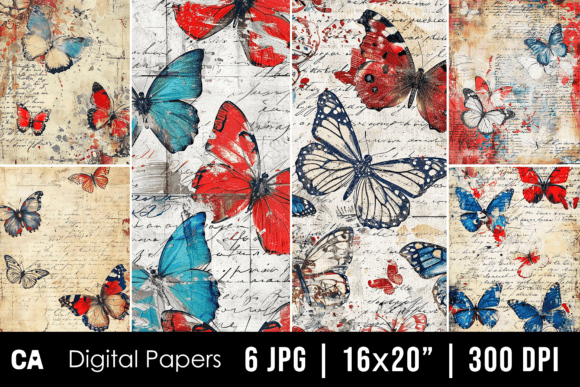 Unleash Patriotic Charm with Vintage Red Blue Butterfly Journal Pages